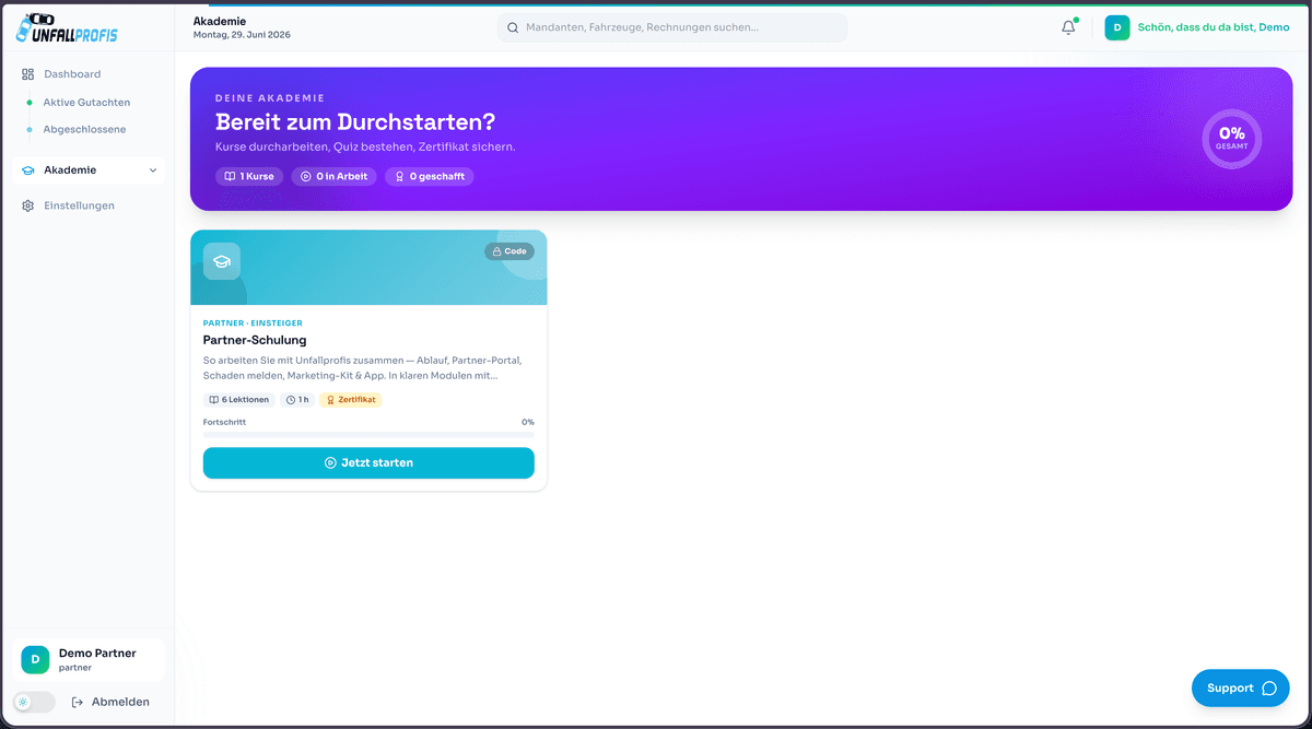 Unfallprofis Akademie — Partner-Schulung im Portal