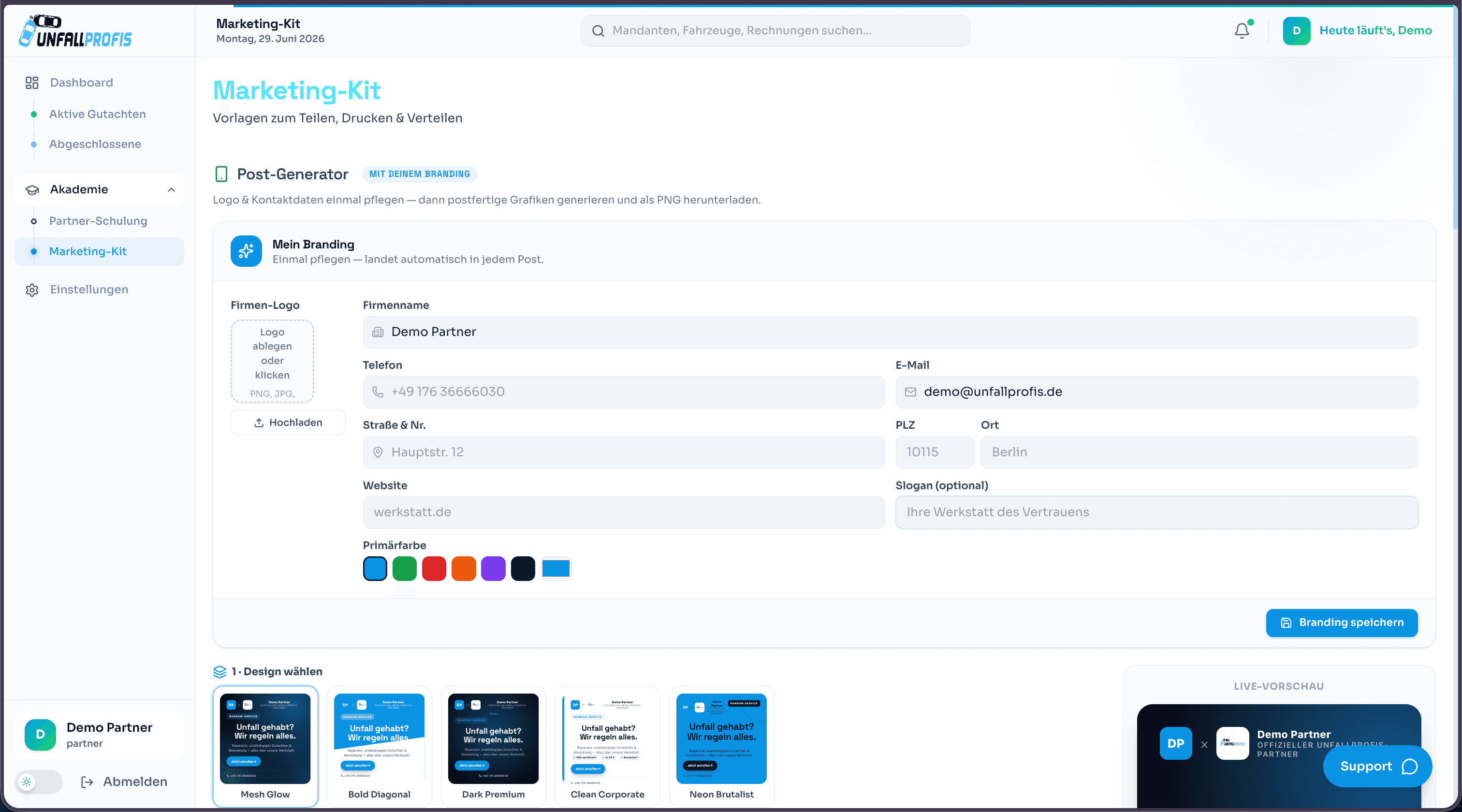 Unfallprofis Marketing-Kit — Post-Generator mit eigenem Branding im Partner-Portal